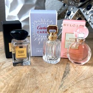 Cartier, Bvlgari, Armani travel size perfumes